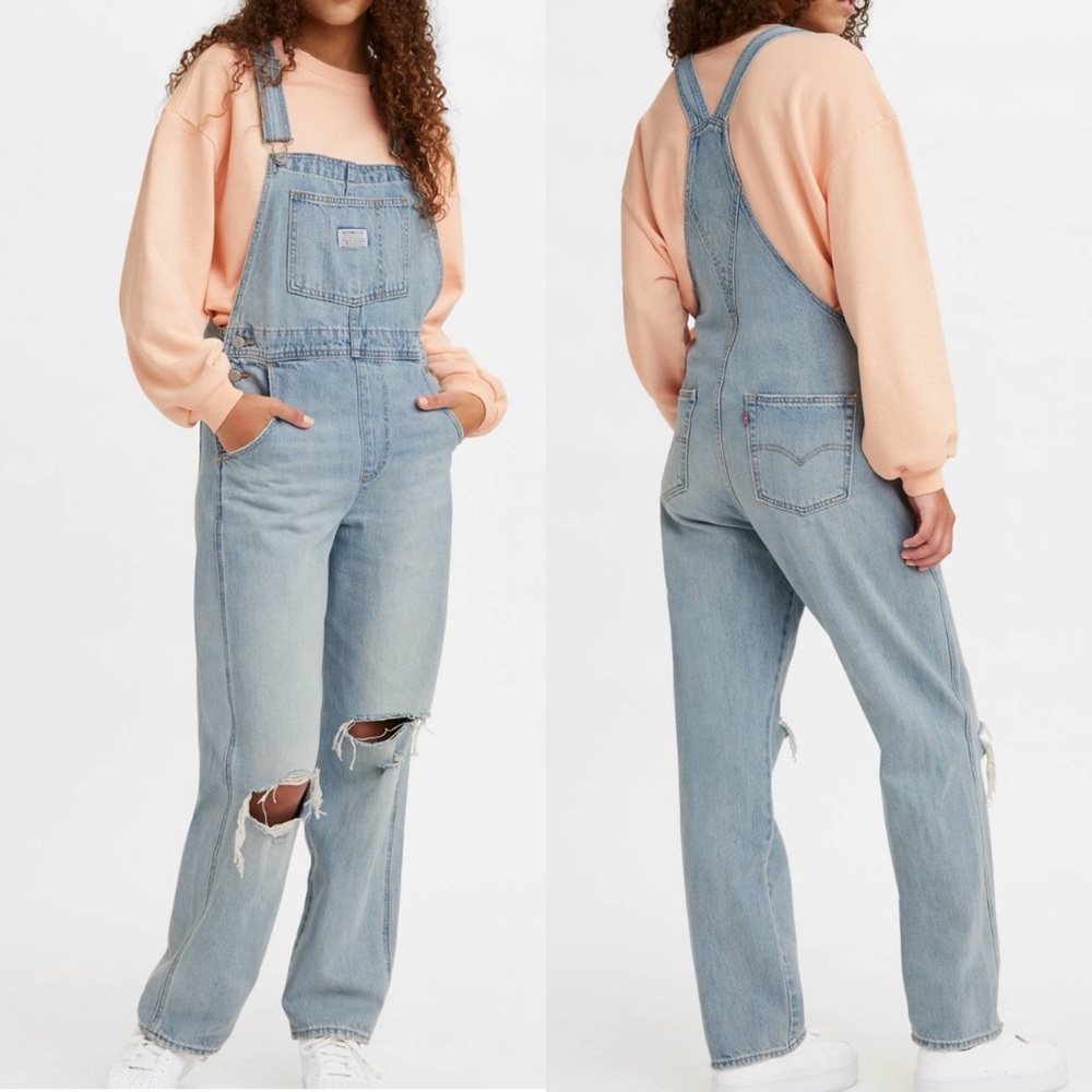 Levi’s Premium Vintage Denim Straight Leg Overalls Bright Light Wash Distressed - Picture 10 of 16